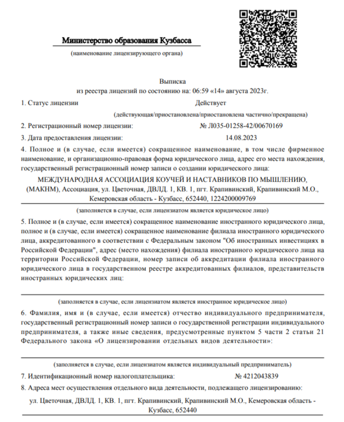 Выписка из реестра лицензий
